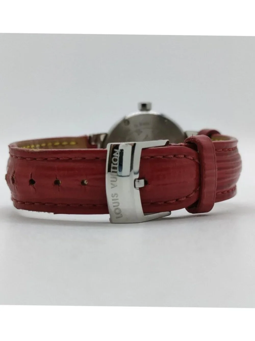 Authentic Louis Vuitton Tambour Black Dial Red Leather Strap Swiss Quartz